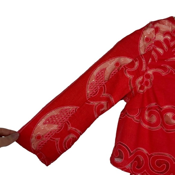 ERIN BY ERIN FETHERSTON JUDY CORAL RED LACE LAYERED BODICE 1/2 SLEEVE MAXI DRESS - Picture 11 of 14